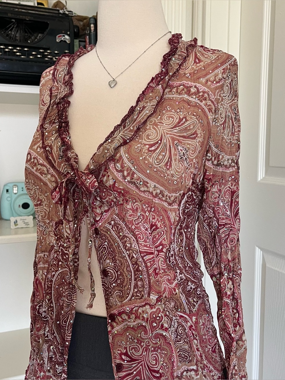 No Boundaries Burgundy Paisley Ruffle-Trim Sheer Blouse - Picture 4 of 7